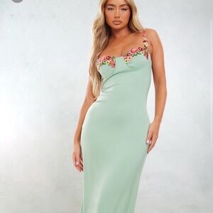 Pretty Little Thing Green Dress with Embroidered Florals. Brand New with Tags.
